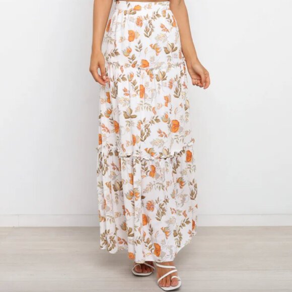 Seven Wonders High Waisted Tiered Maxi Skirt White Fall Leaves Cottagecore US 6 - Picture 3 of 16